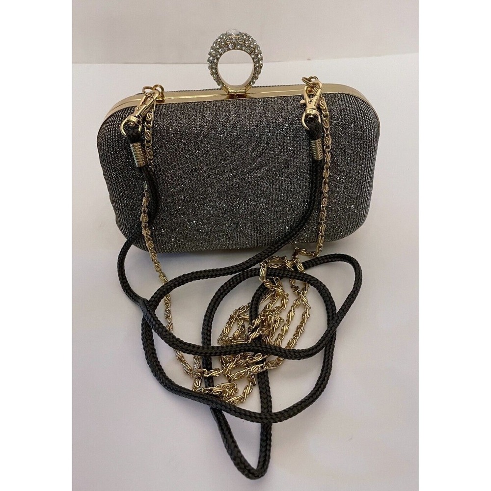 Payless Womens Clamshell Rhinestone Ring Purse Silver Gold Shoulder Strap Lined - Picture 11 of 15